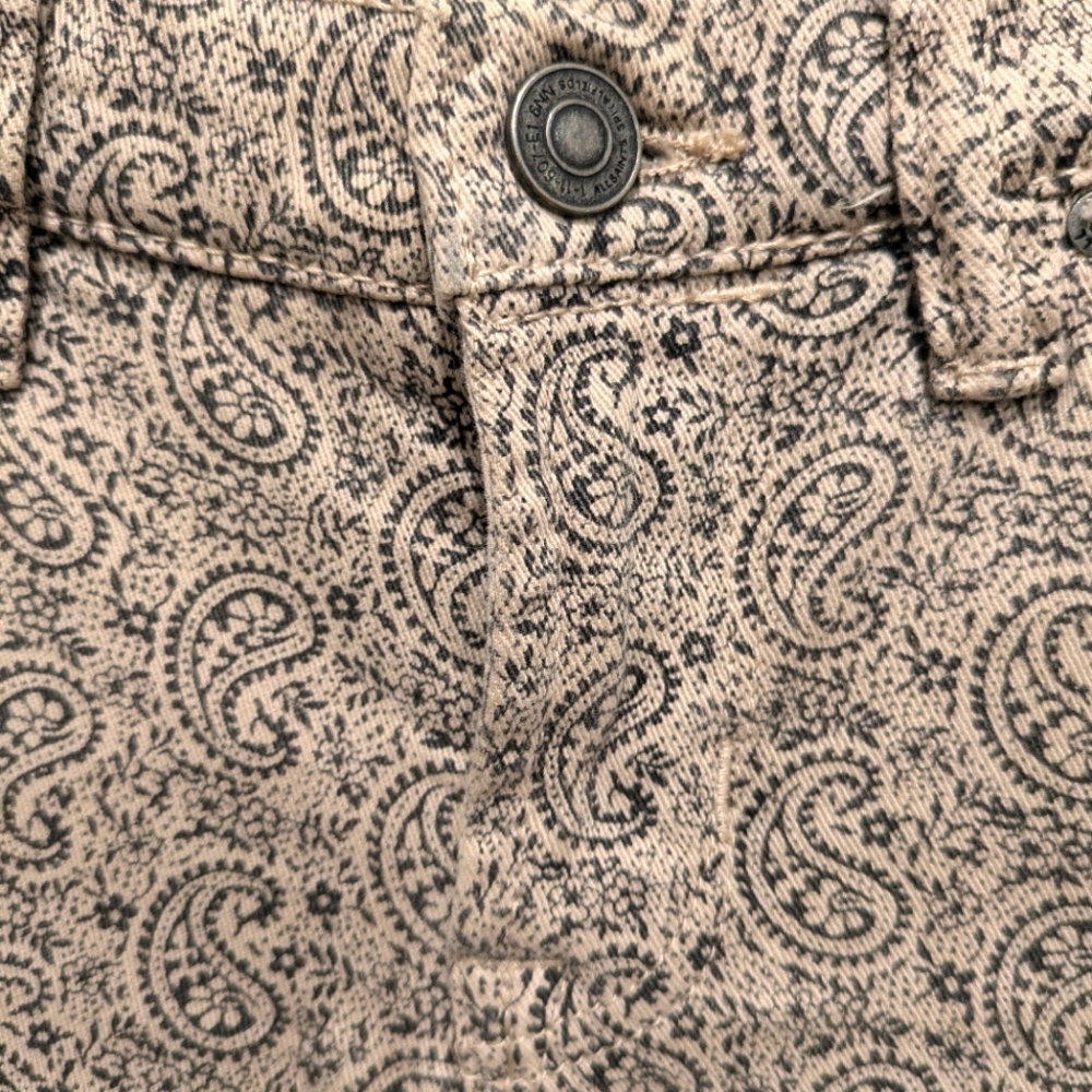 All Saints Spitalfields paisley print cropped skinny jeans, camel & grey, size 8